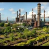 A polluted industrial landscape transforming into a green oasis