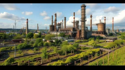 A polluted industrial landscape transforming into a green oasis