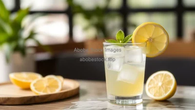 A refreshing glass of lemonade with ice cubes