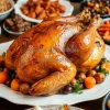 A roasted turkey surrounded by side dishes