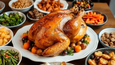 A roasted turkey surrounded by side dishes