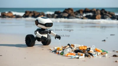 A robot cleaning up plastic waste on a beach