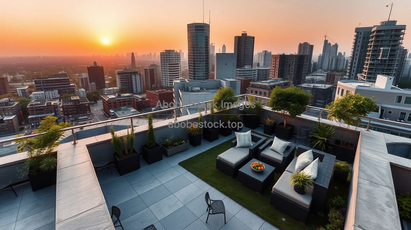 A rooftop garden oasis in the middle of a concrete megacity evening golden hour