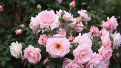 A rose bush heavy with full blossoms