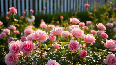 A rose garden in full bloom with soft sunlight