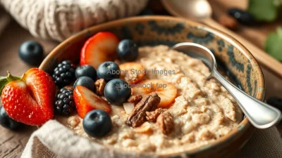 A rustic bowl of oatmeal with fruits and nuts