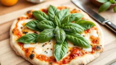 A rustic pizza topped with fresh basil leaves