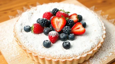 A rustic tart topped with fresh berries and powdered sugar
