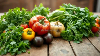 A rustic wooden table filled with fresh organic vegetables and herbs