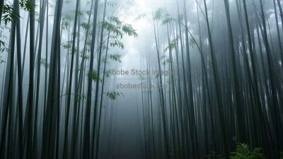 A serene bamboo forest with morning fog