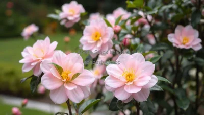 A serene garden with blooming camellias