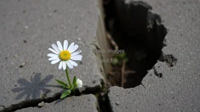 A single daisy growing through a crack in concrete