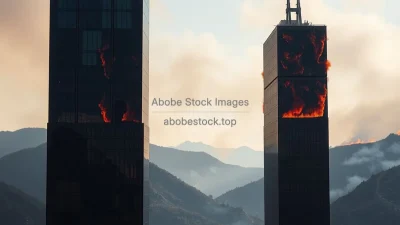 A skyscraper mirrored glass facade reflecting raging wildfires in nearby hills
