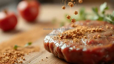 A slow-motion shot of spices falling on a steak