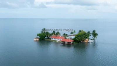 A small island nation nearly submerged with only rooftops and palm tops visible