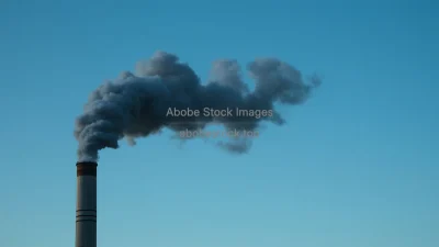 A smokestack emitting thick black pollution into an otherwise clear blue sky industrial photography