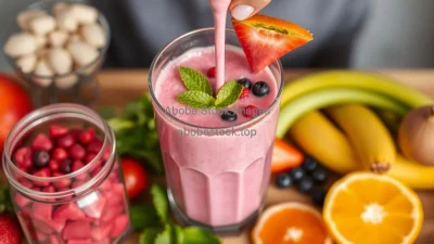 A smoothie being blended with colorful ingredients
