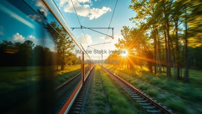 A solar powered high speed train crossing through pristine countryside eco future