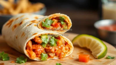 A spicy Mexican burrito cut open to show the filling