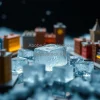 A stop motion style scene of ice cubes melting around miniature city models macro