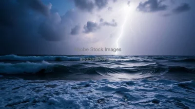 A stormy ocean with lightning and clean air