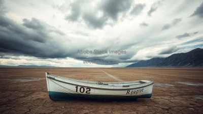 A stranded fishing boat on a dried lakebed under dramatic clouds environmental crisis image
