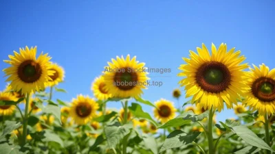 A sunflower field under a bright blue sky