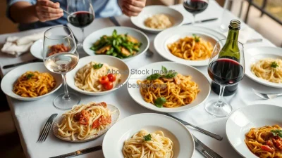 A table full of Italian pasta dishes and wine