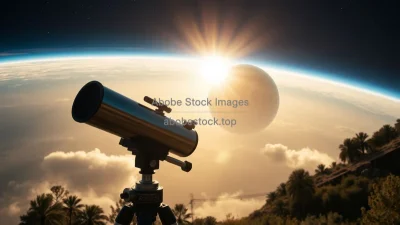 A telescope looking at distant habitable exoplanets while Earth outside is polluted