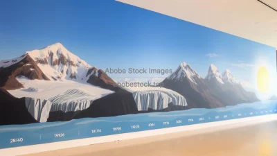 A time series mural on a wall showing glacier retreat decade by decade educational art