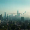 A timelapse style composite city skyline transitioning from green to polluted dystopian