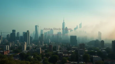 A timelapse style composite city skyline transitioning from green to polluted dystopian