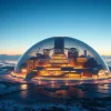 A transparent dome city in the Arctic surrounded by open water sci fi climate refuge