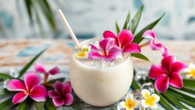 A tropical coconut drink with flowers and ice