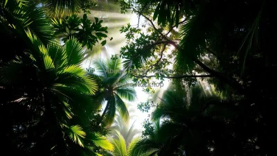 A tropical forest canopy with beams of sunlight