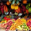 A tropical fruit market overflowing with produce