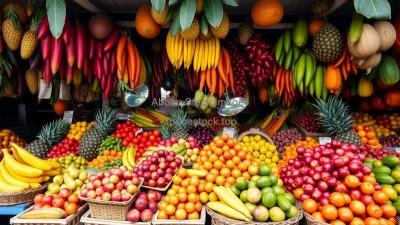 A tropical fruit market overflowing with produce