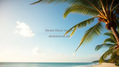 A tropical palm tree swaying by the ocean