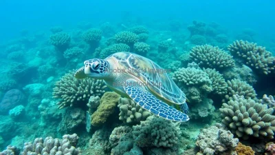 A turtle swimming peacefully in a coral ecosystem
