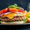 A vegan burger with vibrant fresh toppings