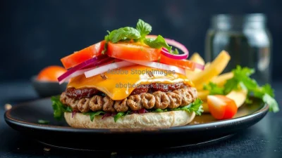 A vegan burger with vibrant fresh toppings