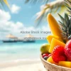A vibrant bowl of mixed tropical fruits on a sunny beach