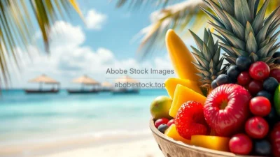 A vibrant bowl of mixed tropical fruits on a sunny beach