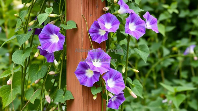 A vine of morning glories climbing a wooden trellis