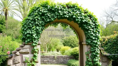 A vine-covered stone arch in a garden