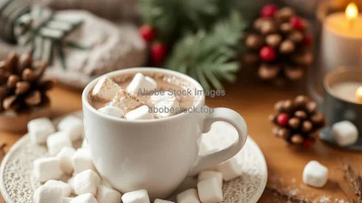 A warm cup of hot chocolate with marshmallows