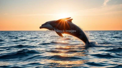 A whale jumping out of the clean ocean at sunset