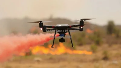 A wildfire being controlled by eco-friendly firefighting drones