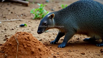 Aardvark digging near termite mounds