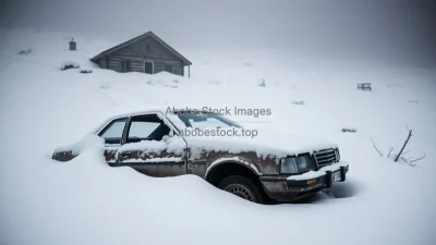 Abandoned car half buried in snow near a mountain cabin bleak atmosphere